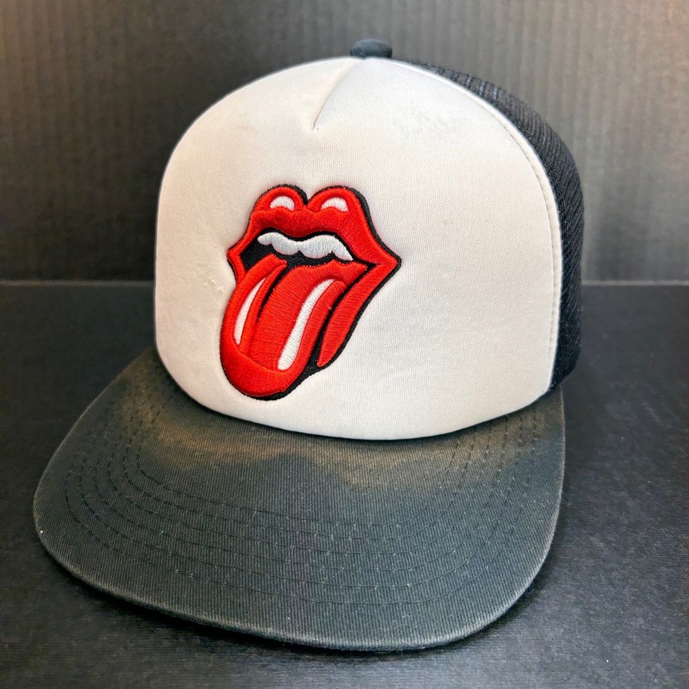 Tongue Lips Logo Mens Black The Rolling Stones Trucker Hat Snapback Mesh OSFM